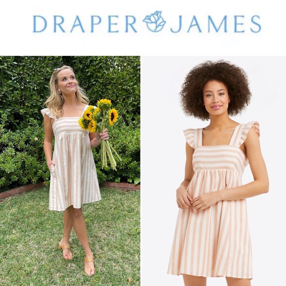 Draper James Maddie Linen Babydoll Dress in Camel Cabana Stripe Size Large